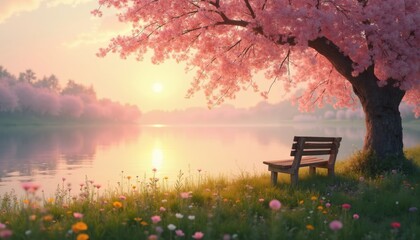 Fototapeta premium Serene Sunrise Over Tranquil Lake with Wildflowers and Bench.