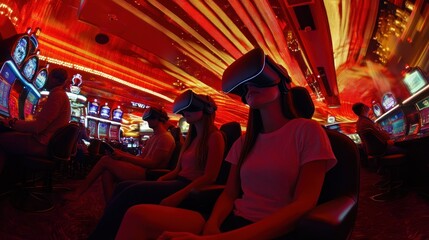 Immersive Virtual Reality Experience in Casino Atmosphere with Vibrant Lights, Gamers Wearing VR Headsets Engaged in Futuristic Gameplay and Entertainment