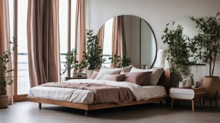 A bedroom with a large bed, a round mirror, plants, and a nightstand.