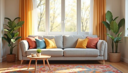 Cozy Living Room Interior with Plush Sofa and Colorful Pillows.