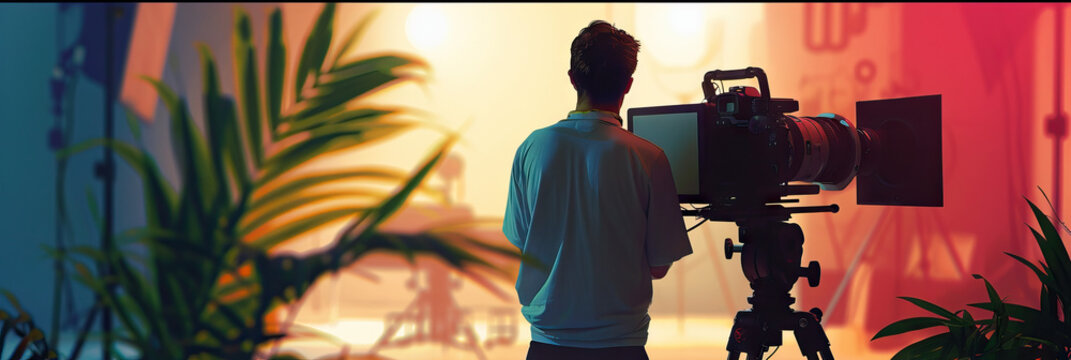 An actor standing in front of a movie camera, preparing to deliver their lines on a film set.