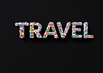 The image features the word "TRAVEL" in bold, three-dimensional letters adorned with various international flags, set against a black background.

