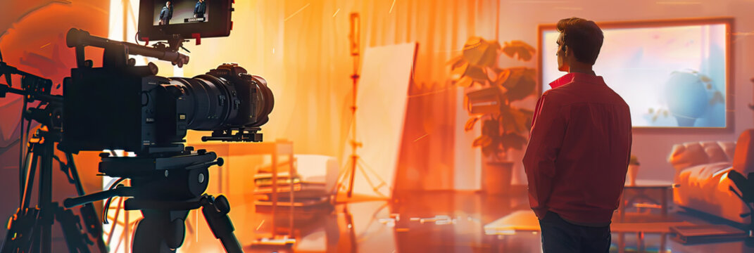 An actor standing in front of a movie camera, preparing to deliver their lines on a film set.