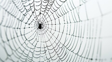 Obraz premium Spider web with dewdrops on white background.