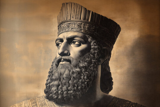 Intricate Artistic Rendering of Persian King Darius in Profile View with Elaborate Crown and Royal Garments.