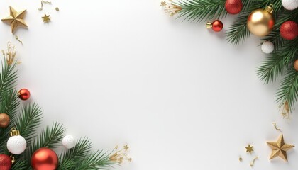 Decorative Christmas Border with Pine Branches and Red Ornaments with Blank Copy Space for Text