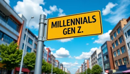 Obraz premium Bright Yellow Street Sign Featuring Generational Terms in Urban Setting.