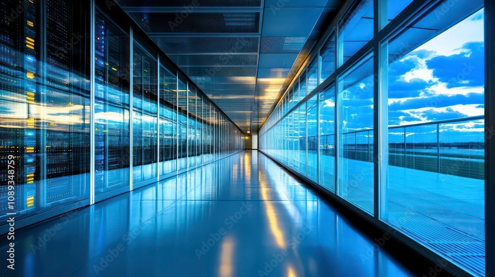 Poster a long, empty corridor with glass walls leading to a server room with rows of servers.