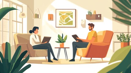 Modern Business Meeting:  A Serene Collaborative Session in a Bright, Plant-Filled Office