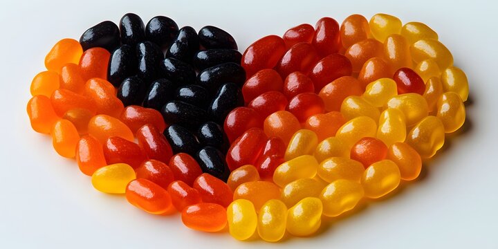 A heart-shaped arrangement of jelly beans in black, red, orange, and yellow hues.