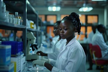 Young African female scientist analyzing samples under microscope in laboratory, dressed in lab coat gloves, surrounded by various research equipment materials, fully engaged in biomedical research.