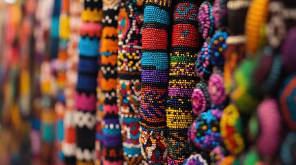 Fototapeta premium Beaded Zulu necklaces and headpieces display colorful craftsmanship at a lively market stall