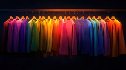 Fototapeta premium colorful sweaters hanging on a rack showcasing a vibrant spectrum