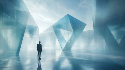 Obraz premium Geometric Glass Structure, Futuristic Architecture, Businessman, Abstract Background, 3D Rendering