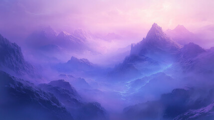 Majestic mountain landscape at sunrise featuring soft purple hues