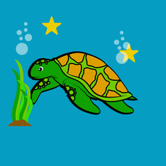 Cute cartoon turtle swimming in the sea. Vector illustration on blue background.