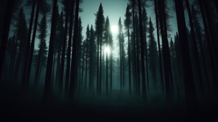 Fototapeta premium Dense forest with tall trees silhouetted against a foggy background at dusk or dawn, with soft light illuminating the scene.