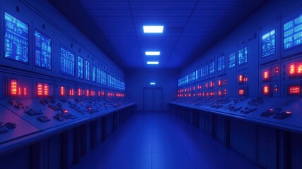 Fototapeta premium A high-tech control room illuminated by blue and red lights, featuring multiple screens and control panels in a futuristic setting.