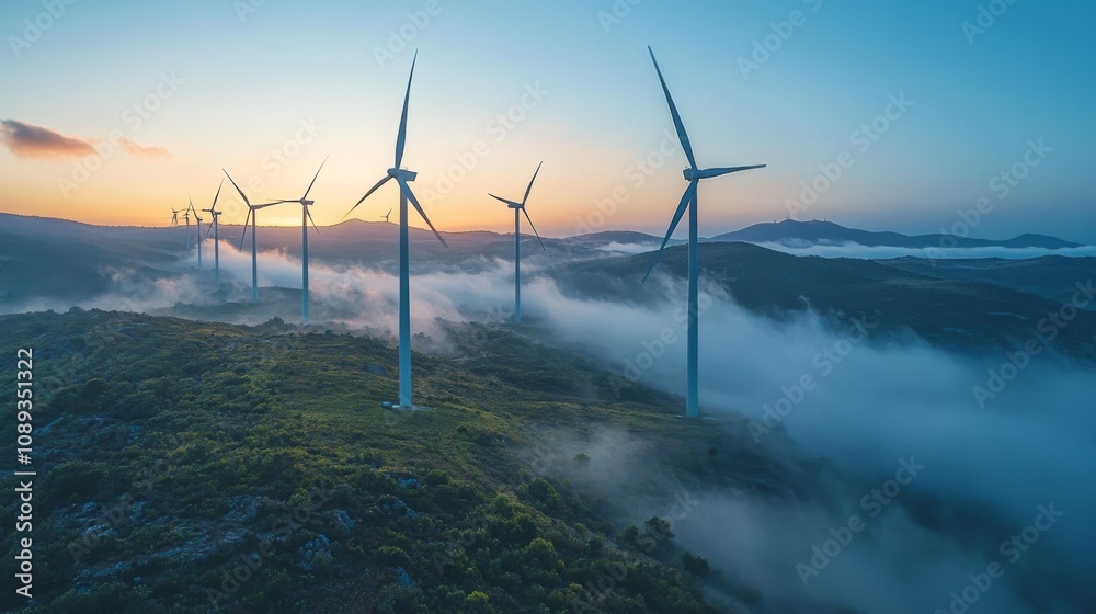 Poster a breathtaking landscape featuring multiple wind turbines on rolling hills, illuminated by a colorfu