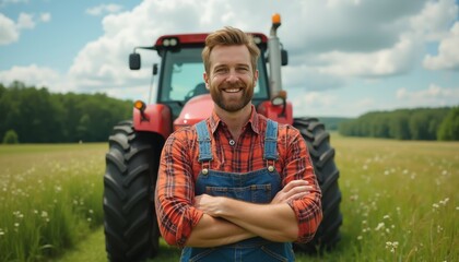 Cheerful Farmer in Plaid Shirt with Vintage Tractor in Pasture.