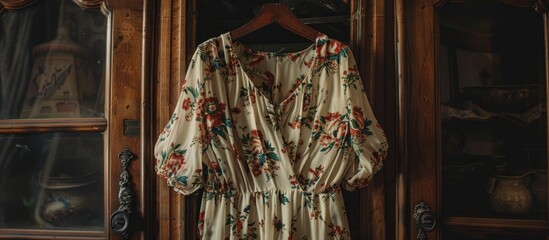 Floral Print Vintage Dress Displayed in a Wooden Wardrobe