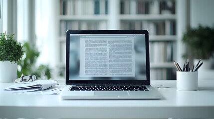 A minimalist workspace featuring a laptop, documents, and plants, ideal for productivity.