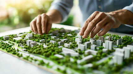 Fototapeta premium Close up hands of an urban planner architect shaping a sustainable city model with green spaces. Eco friendly urban design and sustainable planning principles 