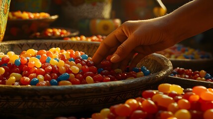 A hand selecting colorful jelly beans from decorative bowls.