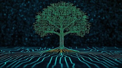 A digital tree design symbolizes the connection between nature and technology, with circuitry patterns illustrating growth and data.