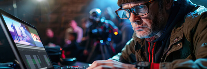 Obraz premium Director's Cut: A director, wearing a worn-in pair of glasses, poring over footage on a laptop, making edits with precision.