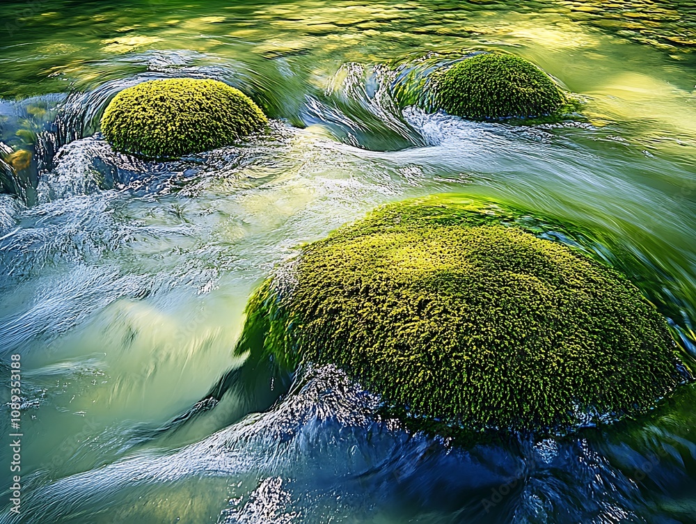 Poster serene clear stream flowing over moss-covered rocks in sunlit forest : generative ai