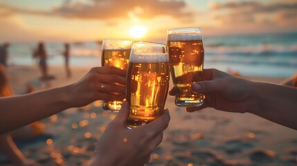 Cheers at sunset with three glasses of beer on the beach, capturing a moment of celebration and relaxation.