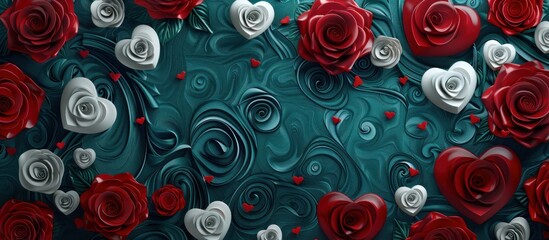 Fototapeta premium Red and white roses and hearts on a teal background.
