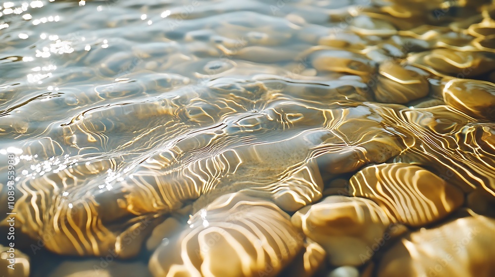 Aufkleber Sunlit rippling water over smooth pebbles creating mesmerizing light patterns : Generative AI
