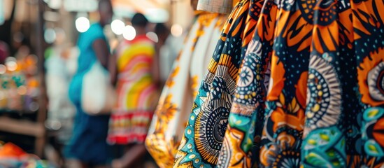 Fototapeta premium Colorful fabrics with intricate patterns are for sale in a bustling marketplace.
