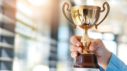 A hand holding a golden trophy, symbolizing achievement and success.