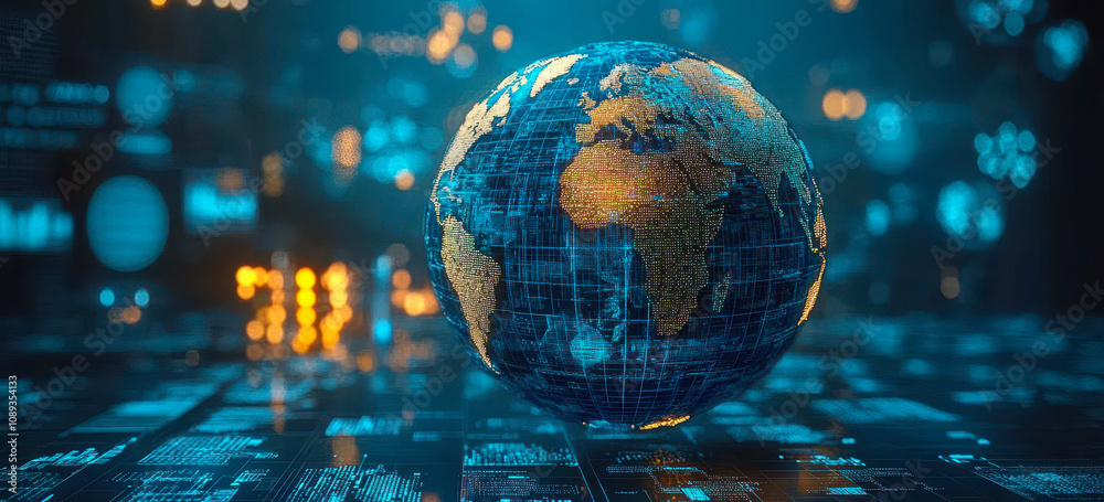 Poster global data analysis concept with earth and digital statistical graphs visualization