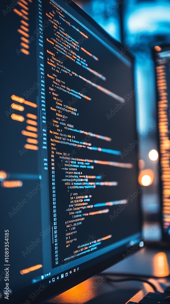 Aufkleber Programming code on computer screen in high-tech office environment for software development : Generative AI