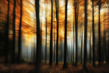 Enchanting forest scene with tall trees in autumn, displaying vibrant orange and yellow foliage in a motion blur effect, creating a dreamy and mystical atmosphere.