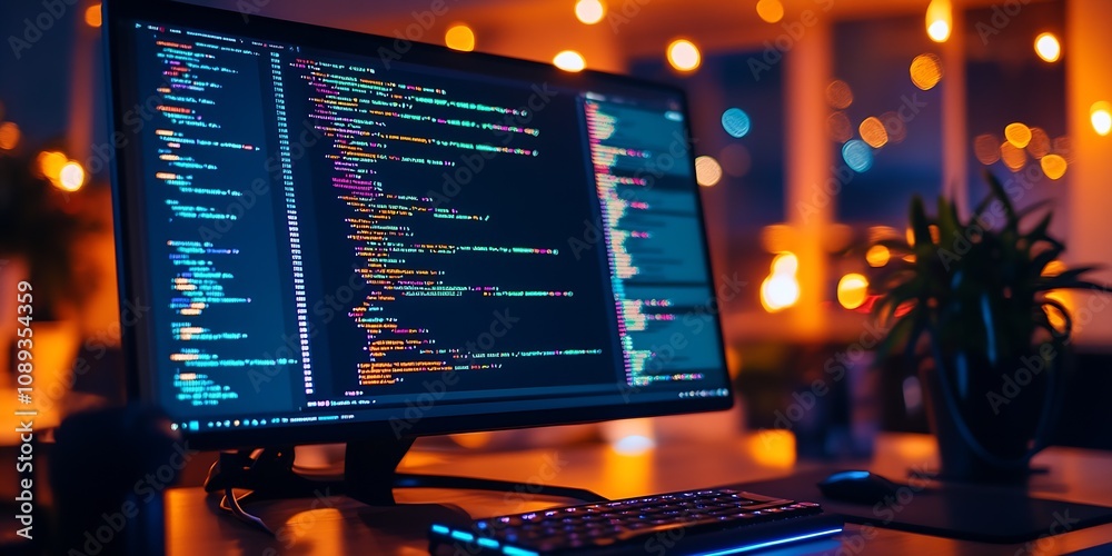 Aufkleber Modern computer monitor displaying colorful code in ambient lit office workspace : Generative AI