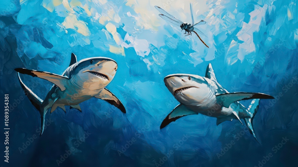 Poster two sharks swimming upward in an abstract blue and white ocean with a dragonfly overhead.