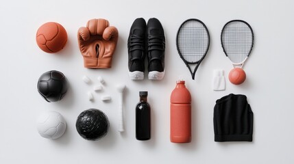 variety of sports equipment arranged on a white background