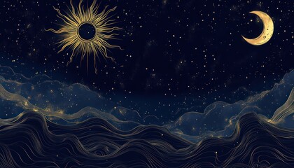 Celestial Landscape With Golden Sun Moon And Stars