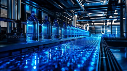 Obraz premium Futuristic Water Bottling Facility with Advanced and Glowing Blue Lights