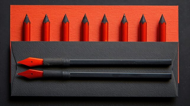 Stylish flat lay red pencils and fountain pens arranged on black and red textured paper. The contrast of vibrant red and black evokes a modern, bold, and elegant design concept.