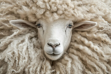 Naklejka premium Close-up of a fluffy sheep with curly wool, showcasing its gentle features and soft texture, creating a serene and calming atmosphere.