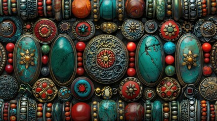 Fototapeta premium Vibrant, intricately designed collection bohemian-style jewelry featuring various colorful beads, gemstones, metallic pieces, detailed craftsmanship cultural richness, artisanal skill, creative.