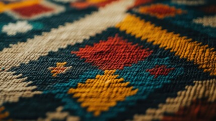 Fototapeta premium Close-up showcases the vibrant colors and intricate craftsmanship of an Azerbaijani rug
