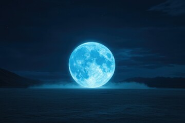 Fototapeta premium a large blue moon rising over a tranquil body of water at night