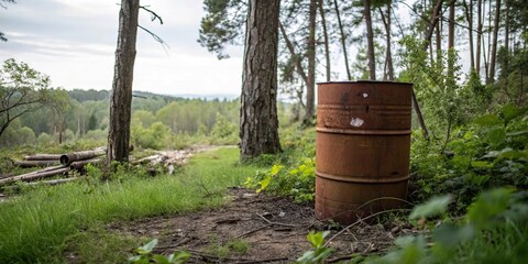 Fototapeta premium Chemical in a brown barrel in the forest, isolated landscape, environmental hazards